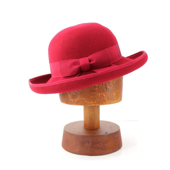 Laura Ashley Wide Brim Hat Magenta Wool Vintage Grosgrain Bow Great Britain 22.5 - Picture 3 of 14